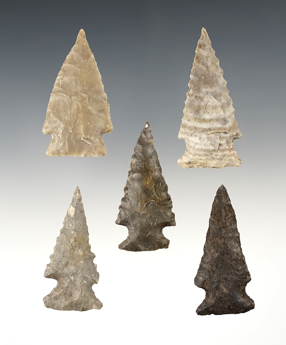 Ex. Museum! Set of 5 well made Texas Ensor points. The largest is 2".
