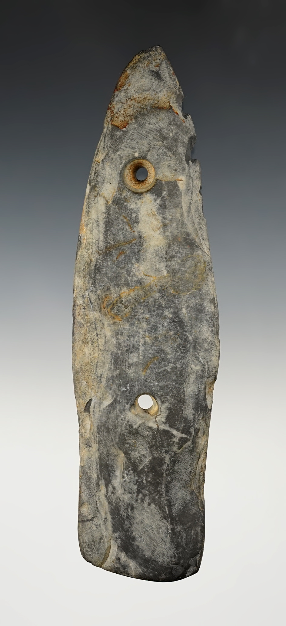 6 11/16" Glacial Kame Sandal Sole Gorget - Ripley Township, Huron Co., Ohio. Ex. Brent Heath.