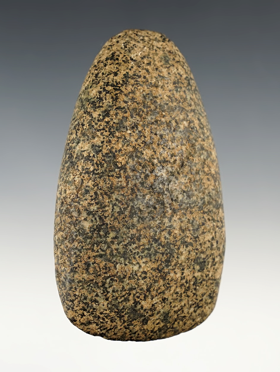 3 7/8" Hardstone Celt that is well made. Pike Co., Illinois. Ex. Byron Knoblock, Dr. Young.