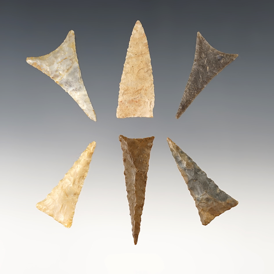 Set of 6 finely made Triangle points found in the Kentucky/Tennessee area. Largest is 1 3/4".