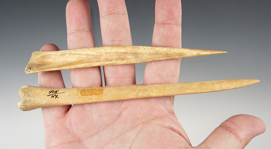 Pair of well made Bone Awls- Fox Field Site. Ex. Dr. S.A. Glass collection. The largest is 6 1/2".