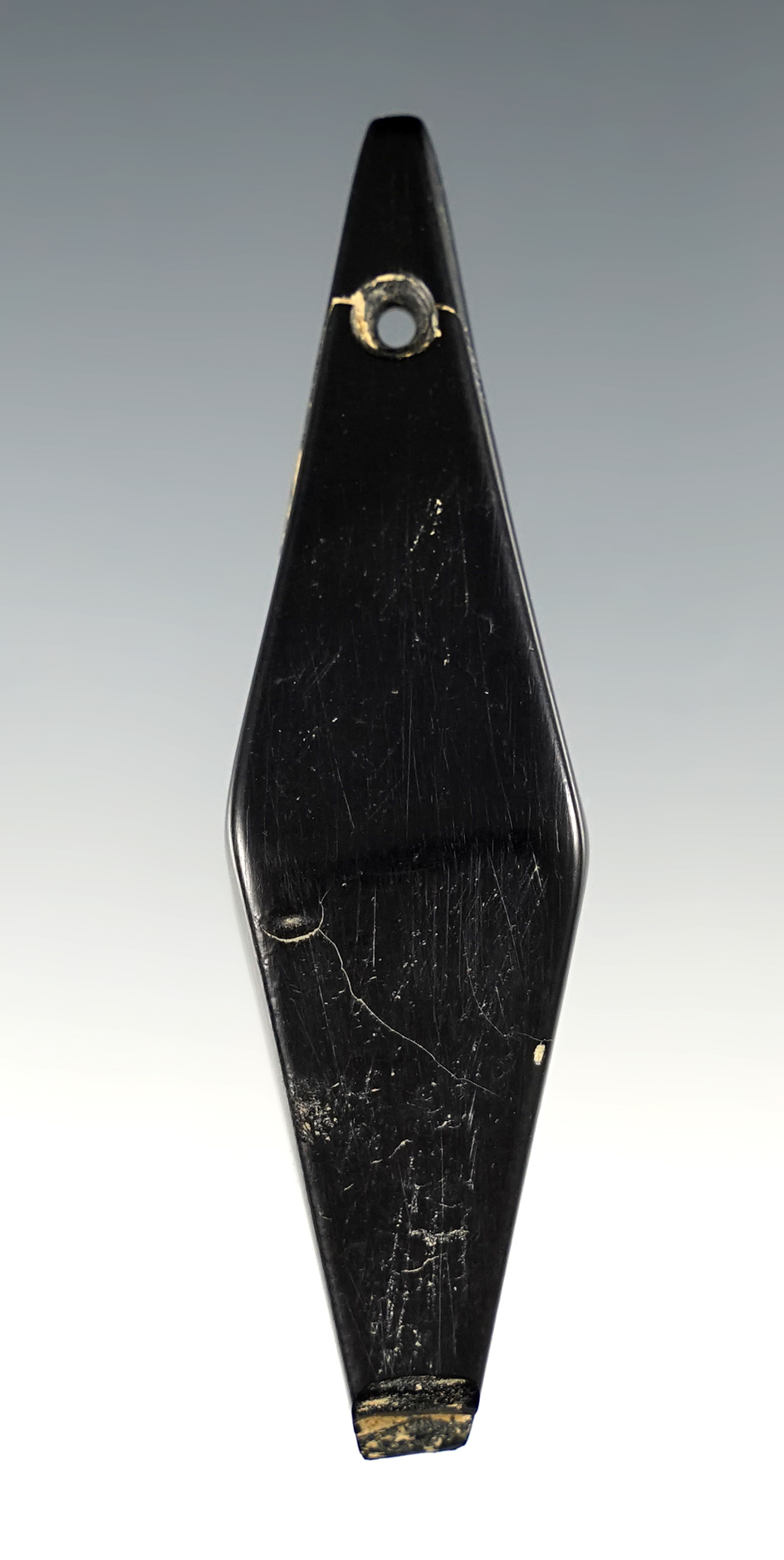 3 1/8" Fort Ancient Pendant made from Cannel Coal. Feurt Site in Scioto Co., Ohio. 