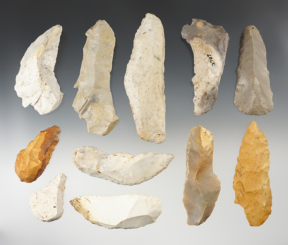 Set of 11 assorted Uniface Tools and Knives from various locations. The largest is 3".