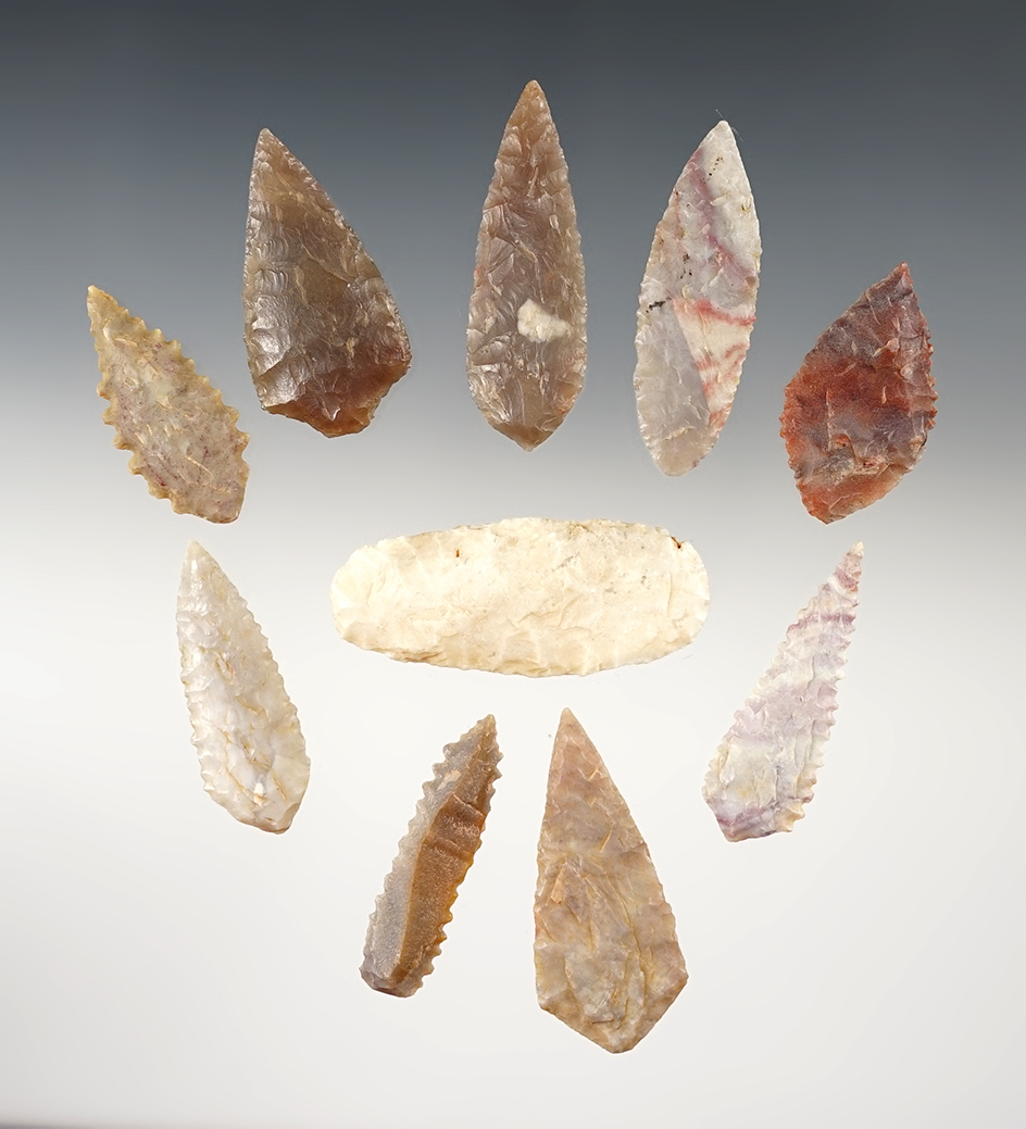 Set of 10 colorful African Neolithic Willowleaf Blades. The largest is 2 3/16".