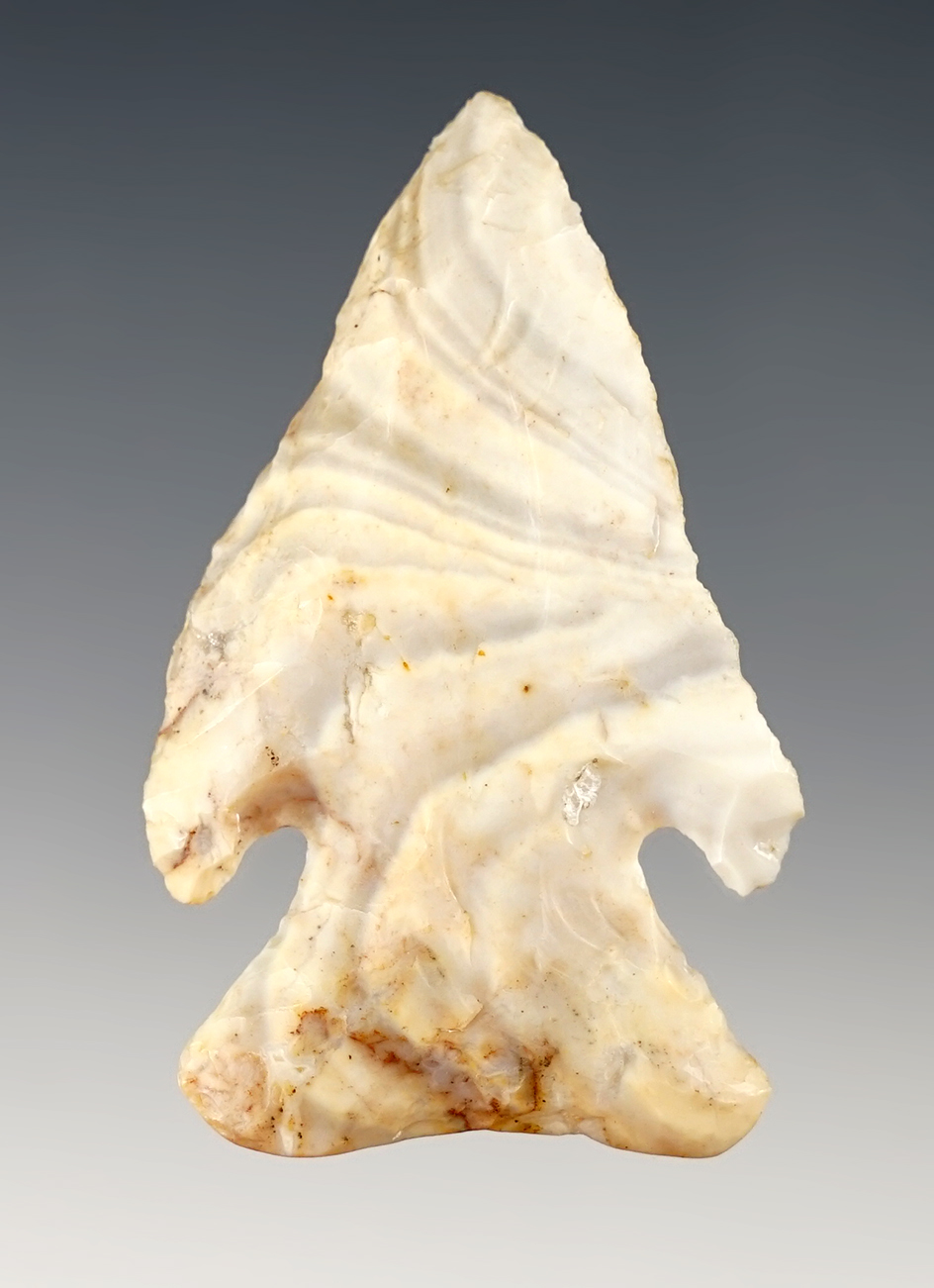 2 3/16" Thebes Bevel made from nice striped Mozarkite flint. Illinois/Missouri area.