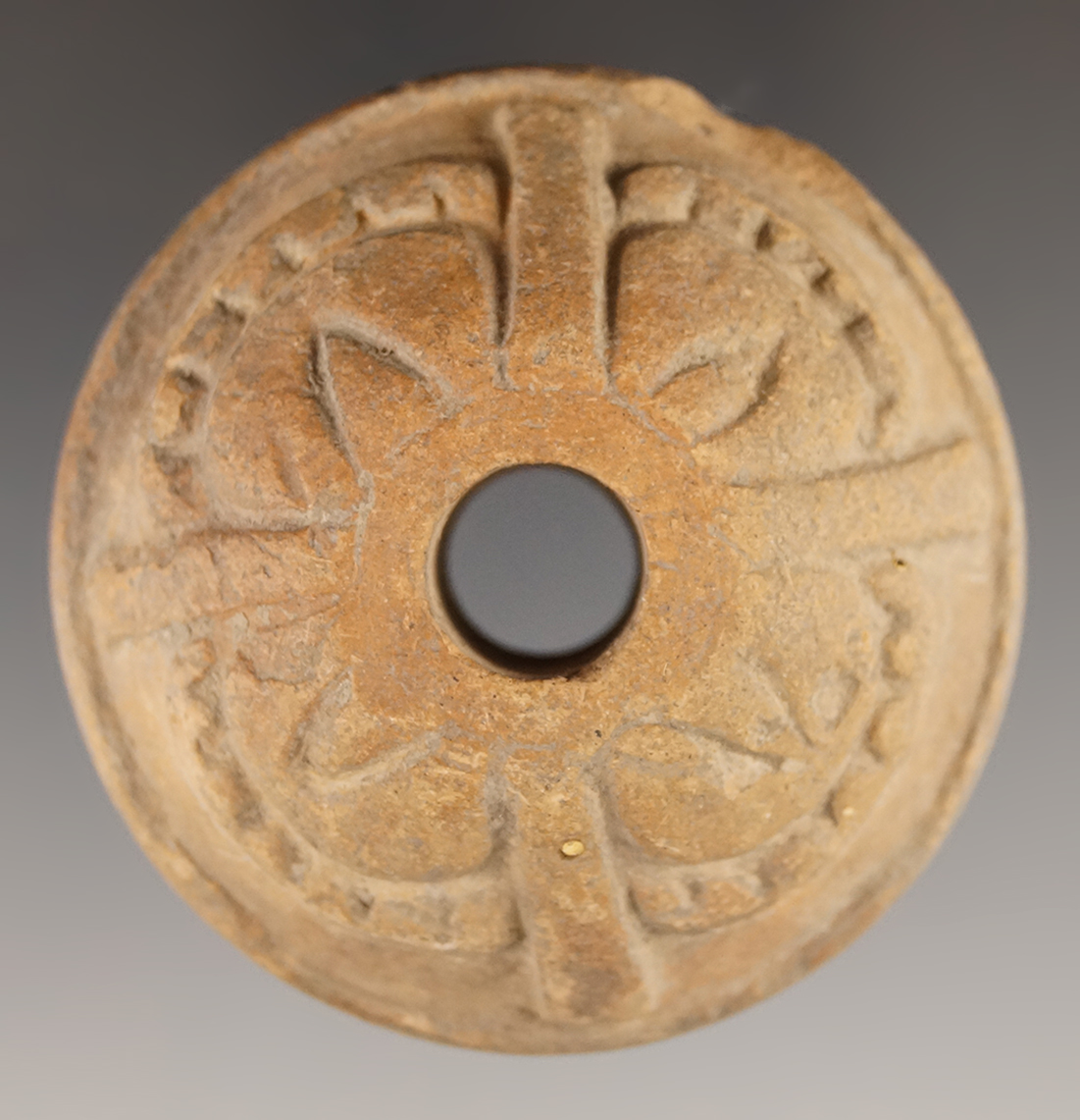 Ornate 2 1/8" diameter large spindle whorl.