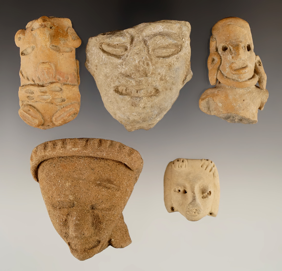 Set of 5 Pre-Columbian pottery heads found in Mexico. Largest is 2 1/4".