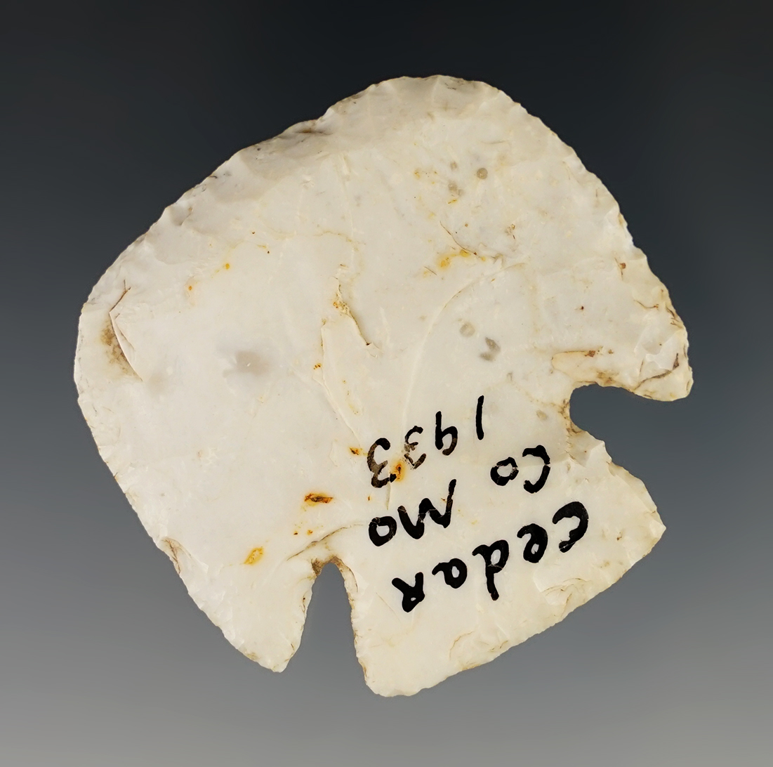 1 13/16" tall by 1 15/16" wide nicely styled archaic Cornernotch blunt found in Cedar County MO.
