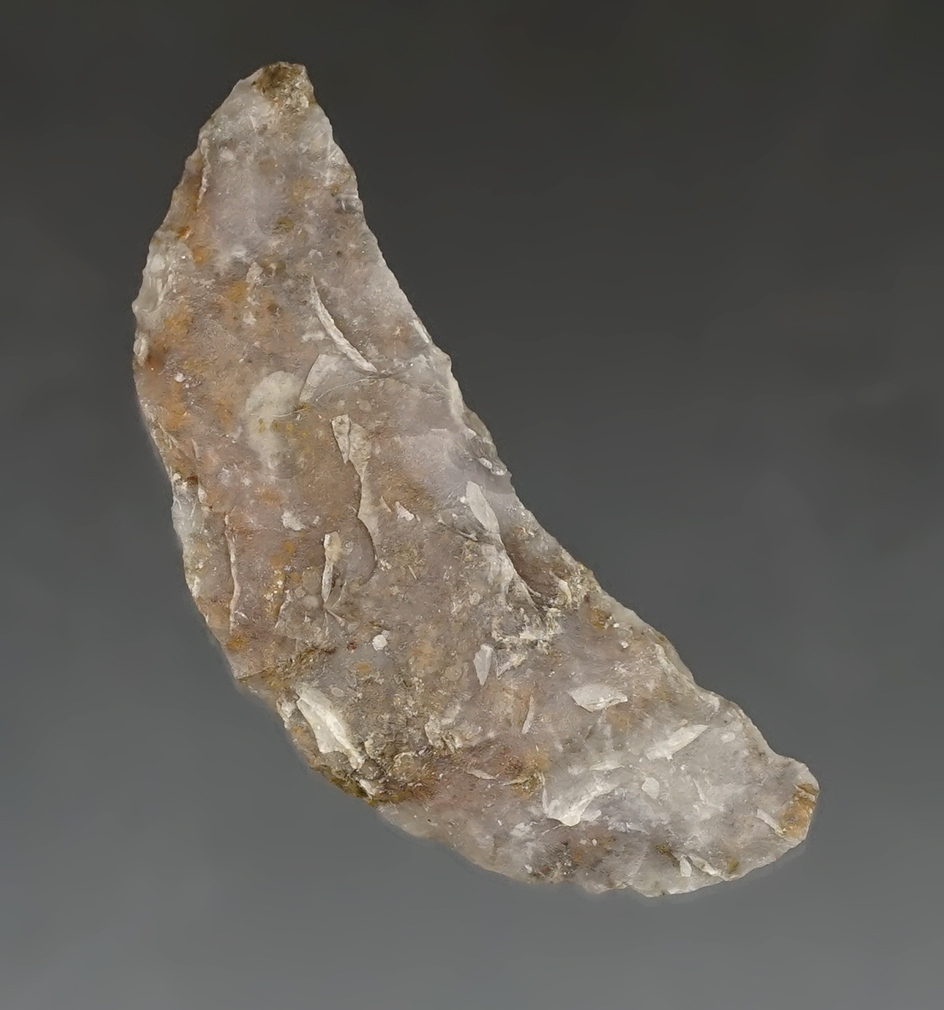 1 7/8" Paleo Crescent found in Kings County California. Ex. Snyder, Jon Frazier collections.  COA.