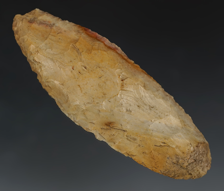 5 3/8" Blade made from highly colorful Crescent Quary chert. Found in 1933 in Cass Co., Indiana.
