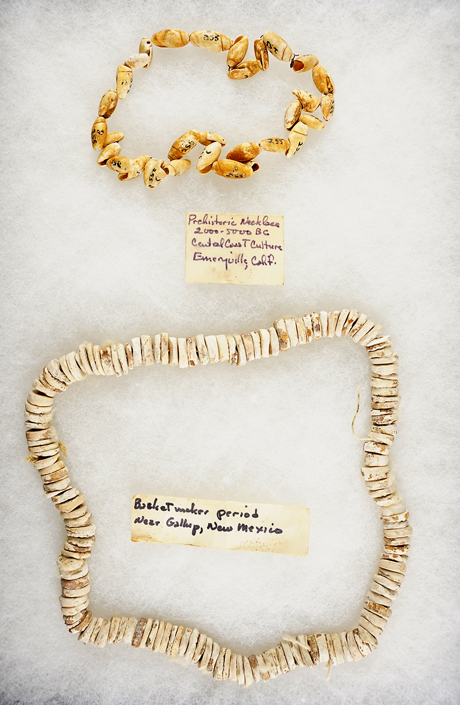 Excellent pair of beaded necklaces! Smallest is a snail shell necklace that has a 13 1/2" strand