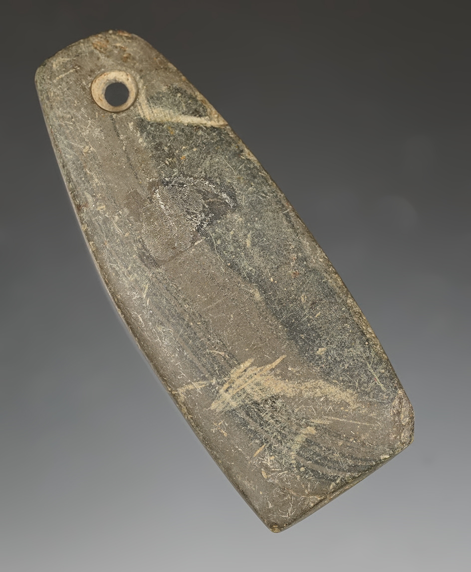 3 13/16" Trapezoidal Pendant  made from well patinated Slate. Found in 1933 in Cass Co., Indiana.