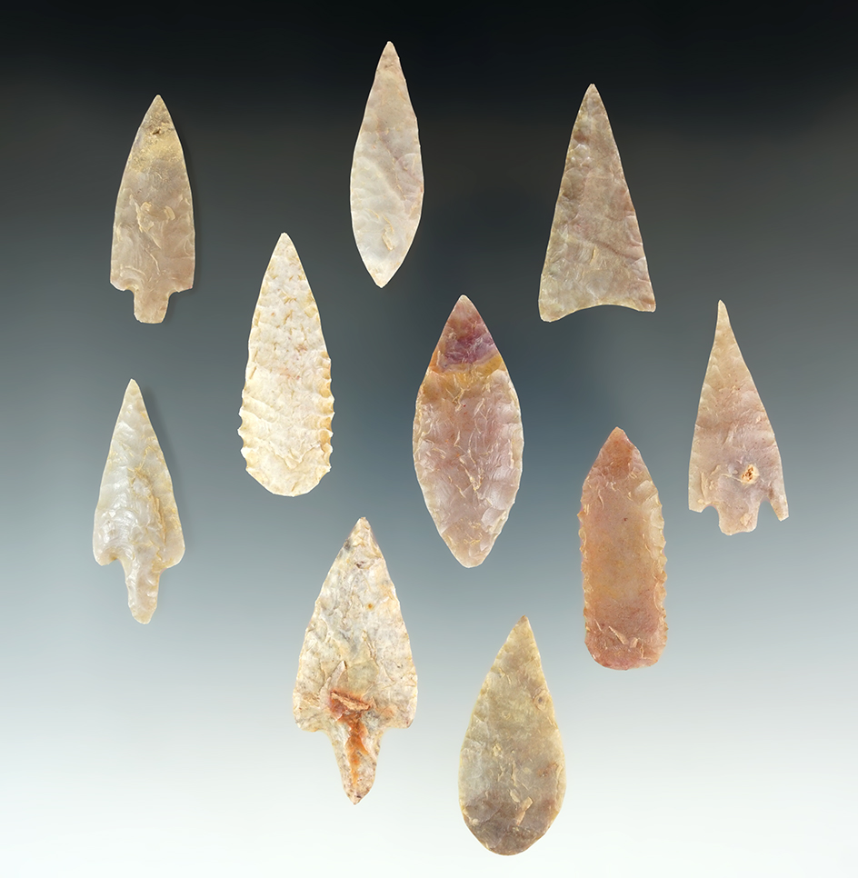 Set of 10 Colorful Points found in the Sahara Desert region, Africa. The largest is 1 7/8".