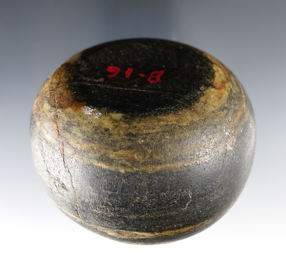 Exceptional! 2 5/8" diameter beautifully polished slate Discoidal in excellent condition.