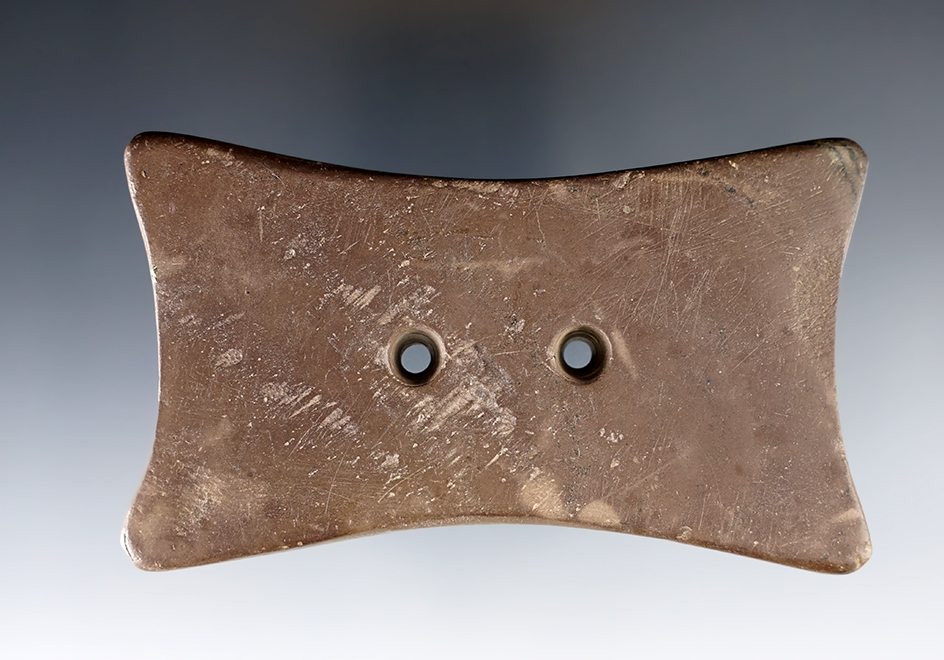 Fine 3 15/16" Quadriconcave Gorget - Seneca Co., Ohio. Ex. Dr. Meuser, Dean Driskill.