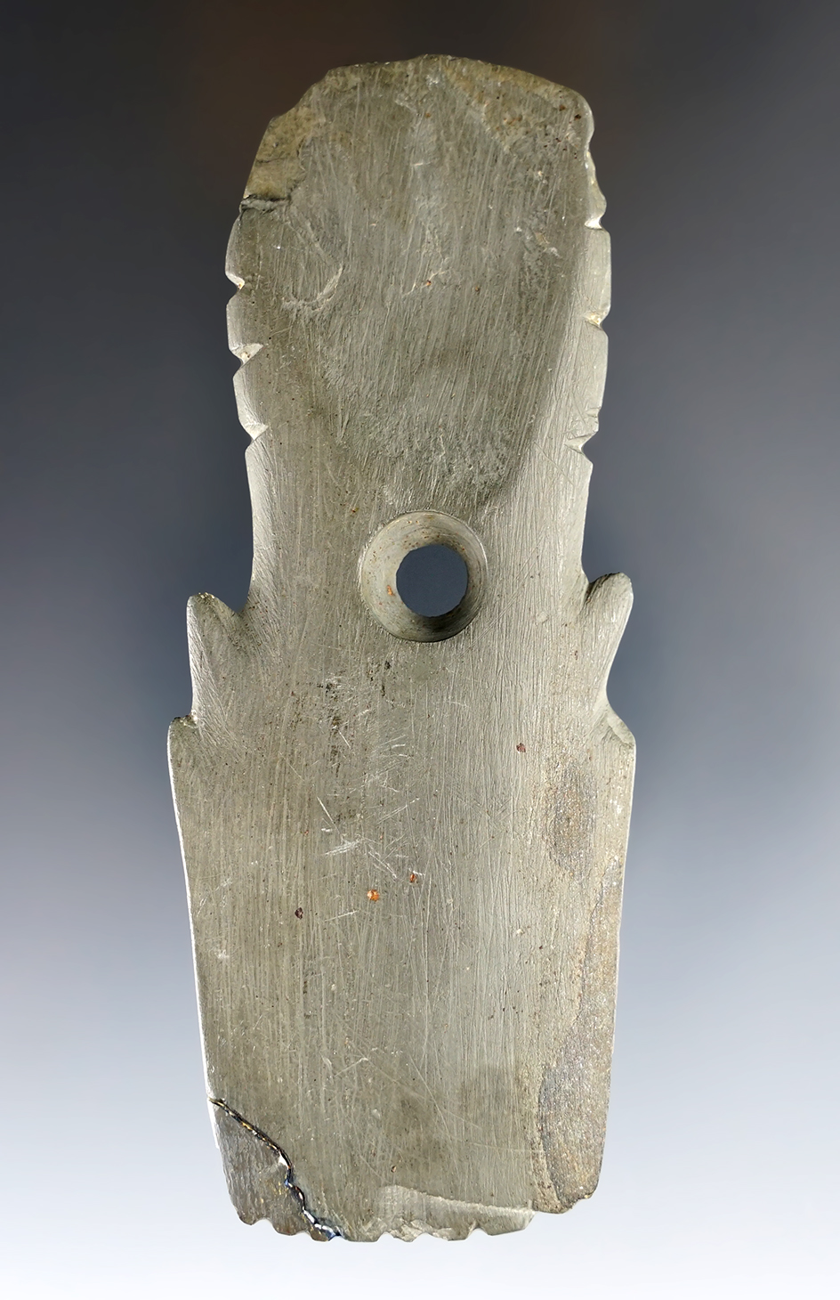 Highly stylized 4 3/8" Shovel Pendant w/ tallies. 1 spot restoration. Huron Co., OH. Ex. Meuser.