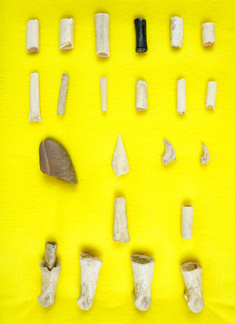 Group of worked bone artifacts - Mattie Stewart site in Cadiz Twp., Harrison Co., Ohio.