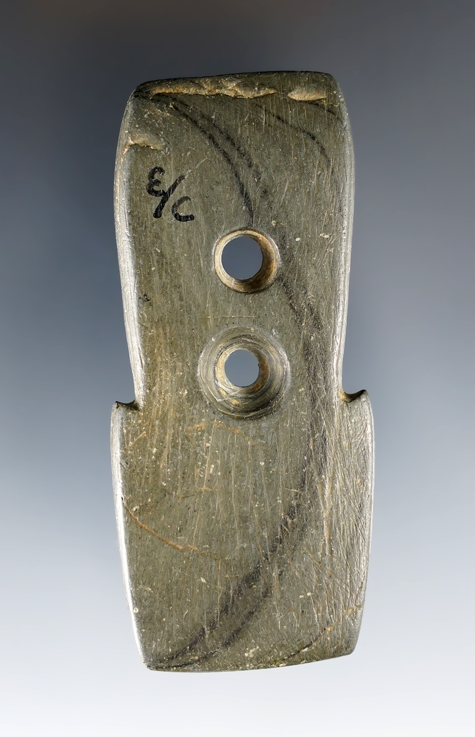 Unique 3" 2-Hole Shovel Pendant found in Ohio. Made from nicely patinated Banded Slate.