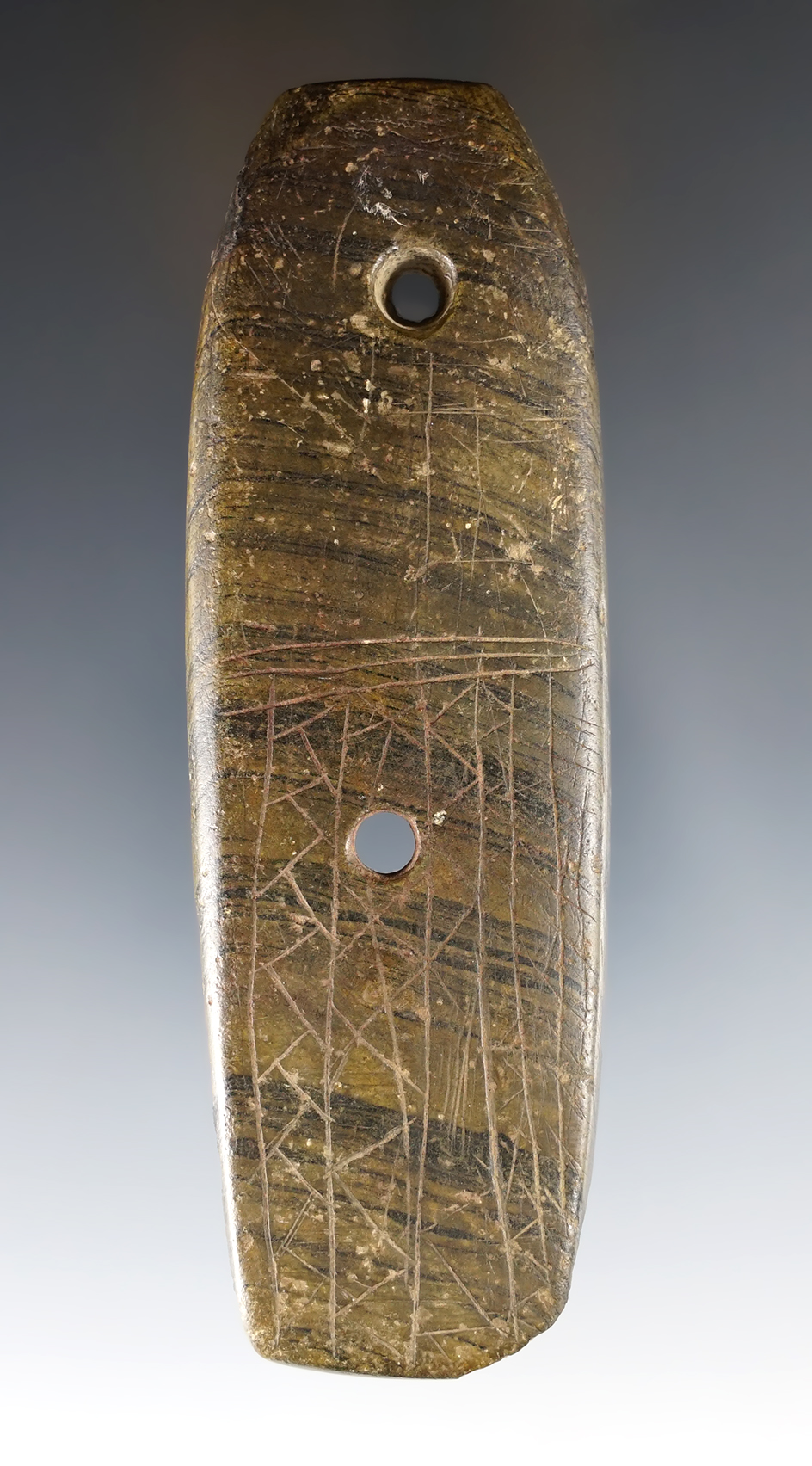 Fantastic 4 1/2" heavily Engraved Glacial Kame Gorget. Found near Richwood, Union Co., Ohio.