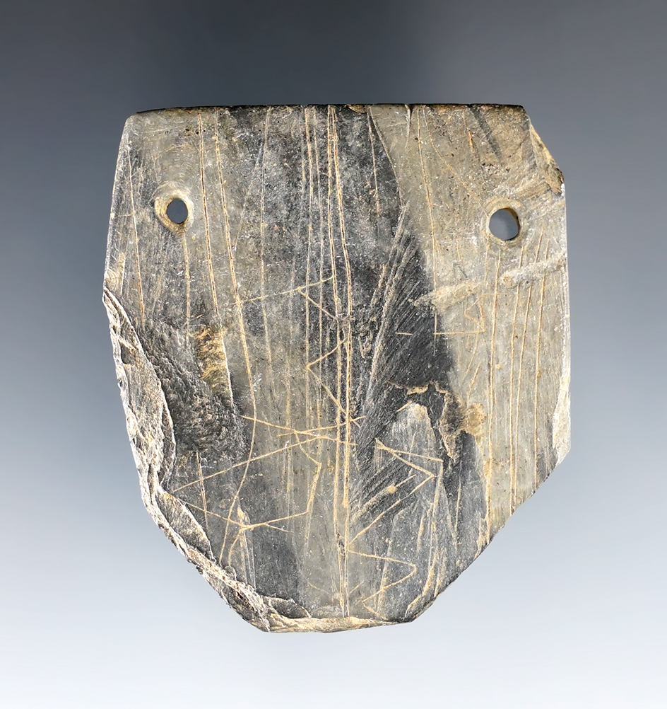 2 1/8" heavily engraved salvaged Gorget made from Banded Slate. Ex. Bill Tiell