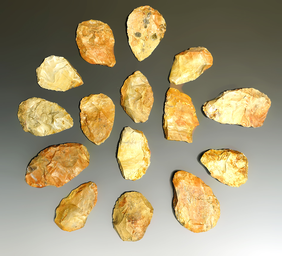 15 Blanks, largest is 4 3/4" from the Gray LaDassor Cache. Made from heat treated Crescent Quarry Fl