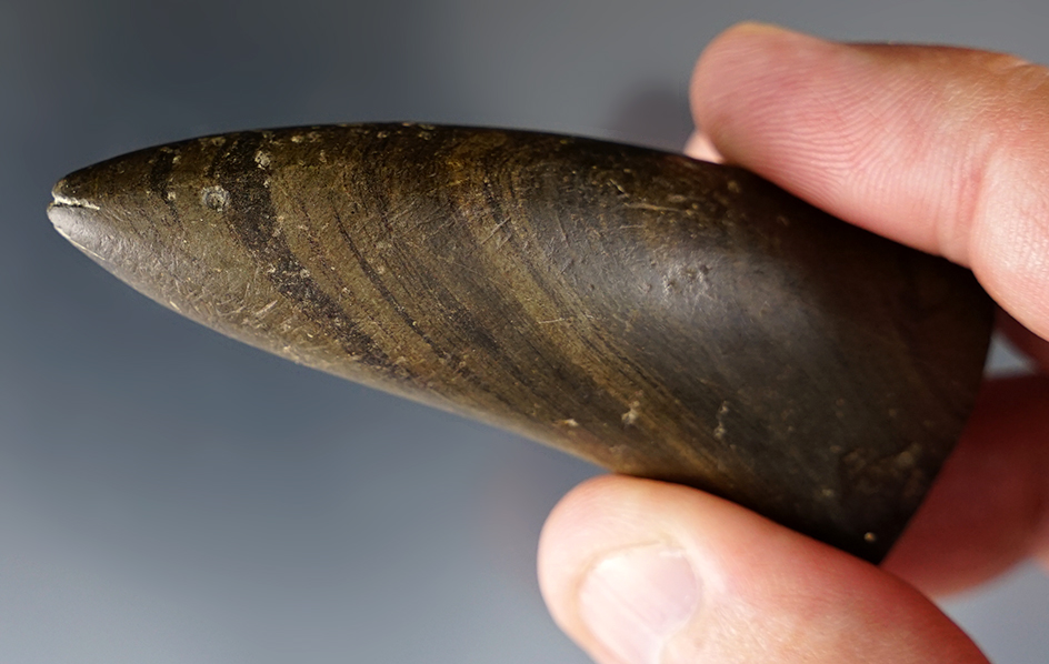 Rare and Unique! 3 7/8" Anciently salvaged Pick Bannerstone half with an effigy on the pick end..