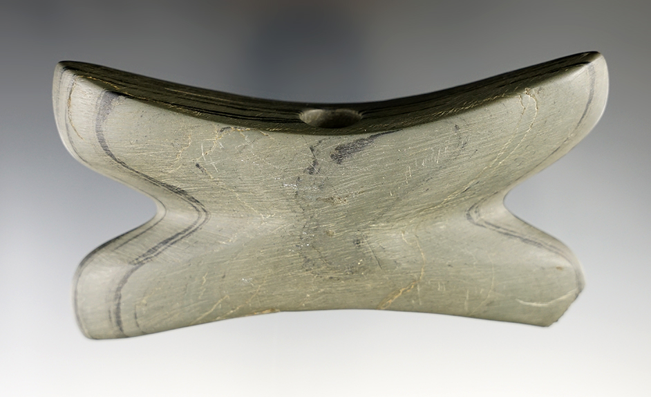 2 5/8" Reel Bannerstone, green & black Banded Slate - Ross Co., Ohio. Jackson and Motley COA's.