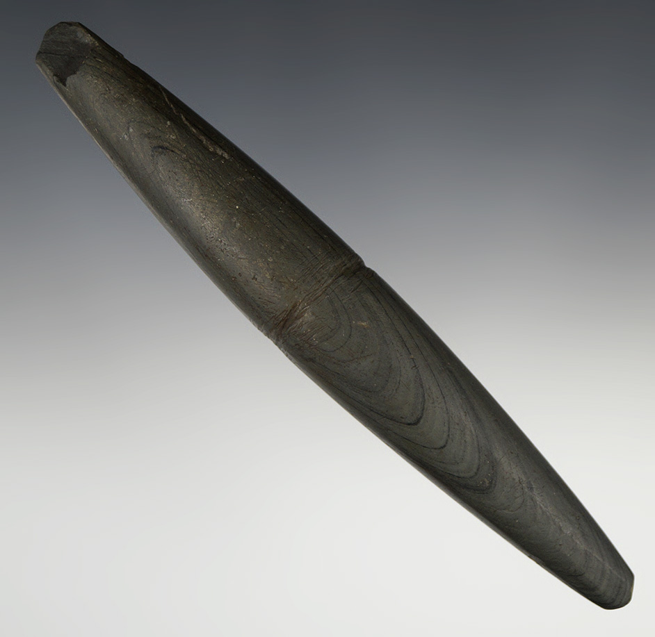 5 7/8" Elliptical Bar Weight - banded Glacial Slate with a center groove. Ross Co., Ohio. Ex. Pike.