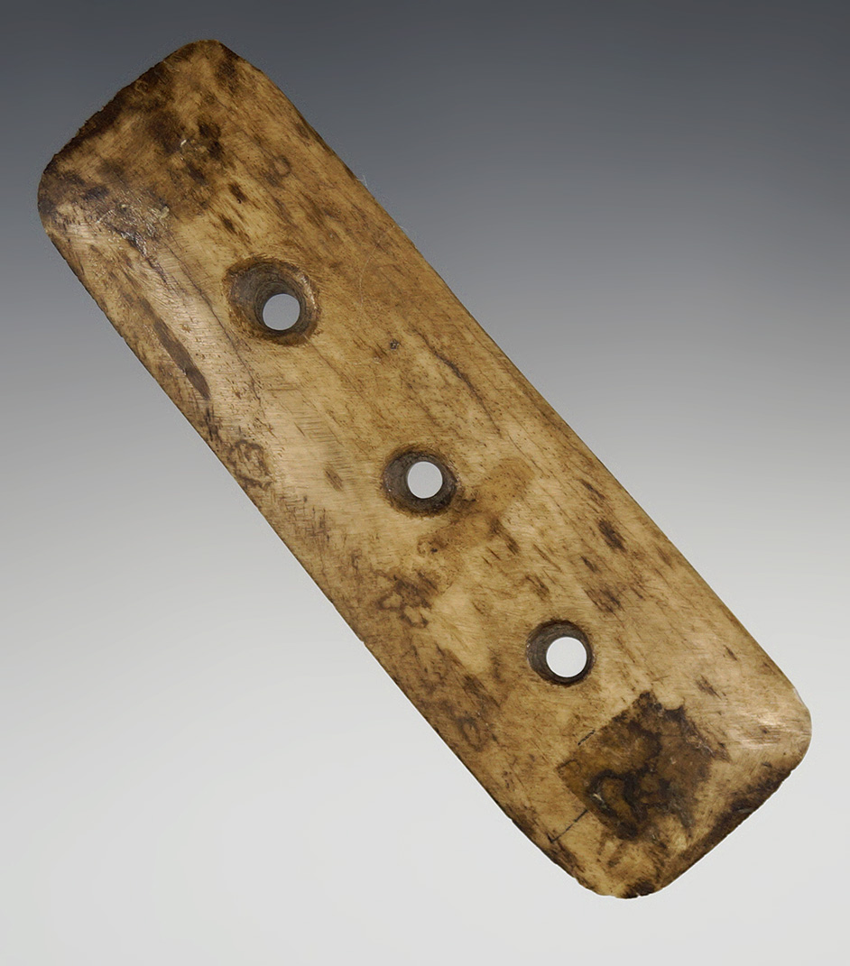 Rare 4" three hole bone Gorget found in Lawrence Co., Illinois. Partain COA.