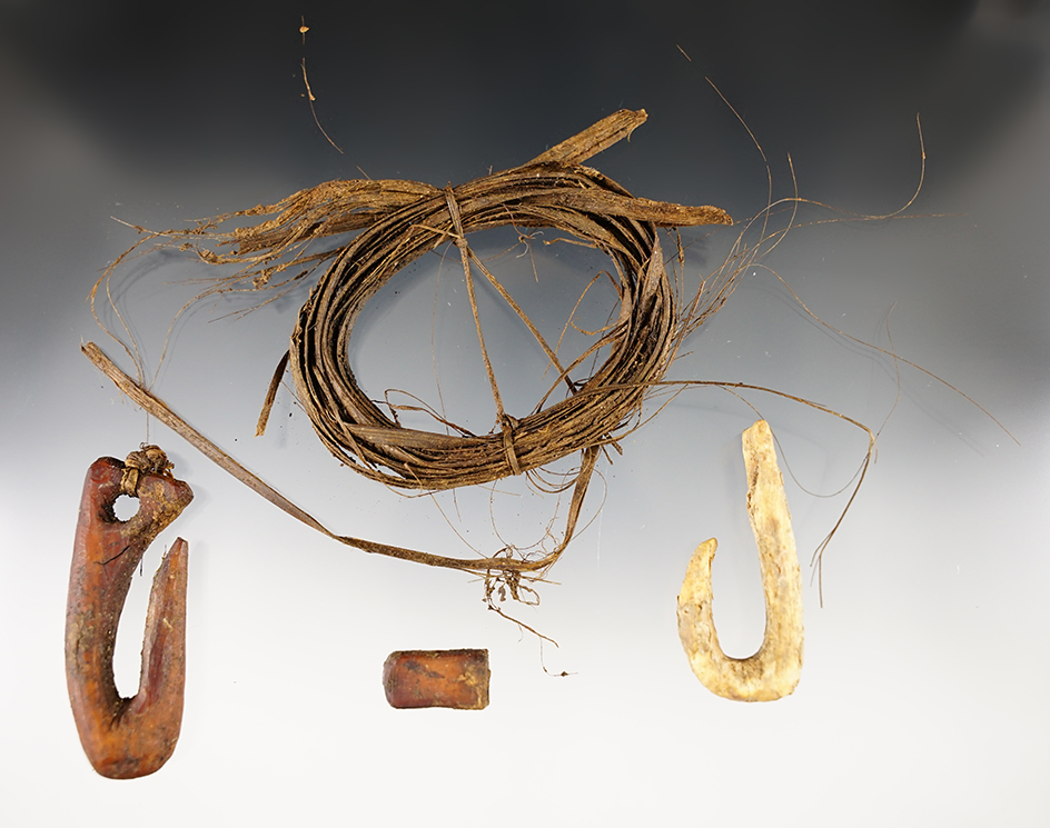 Set of 3 Inuit Alaskan bone artifacts.  largest is a  2 1/8" long hook & some original fiber twine.