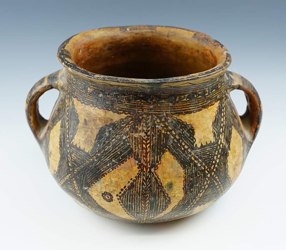8 1/2" wide x 5 1/2" tall well styled dual handle Berber pottery vessel from Morocco.