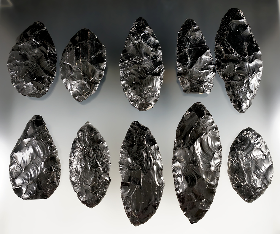 Excellent Cache - 10 Obsidian Blades found together by  Herb Hanson -  Montana.  Stermer COA.
