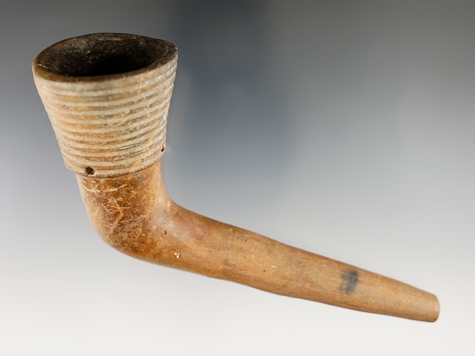 5" long Ring Bowl Iroquois clay pipe with restoration to the elbow area, found in New York.