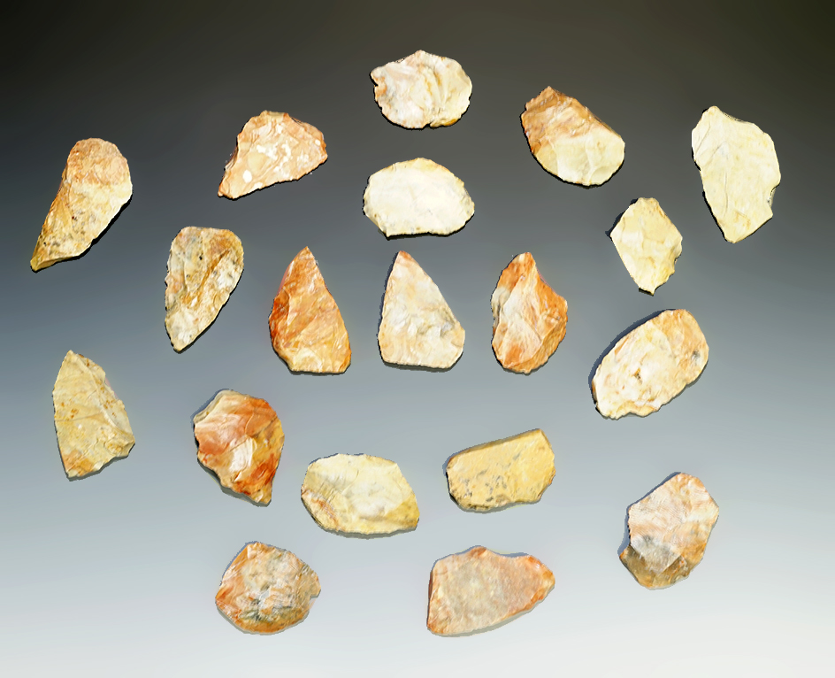 28 Blanks, largest is 4 5/8" from the Gray LaDassor Cache. Made from heat treated Crescent Quarry Fl