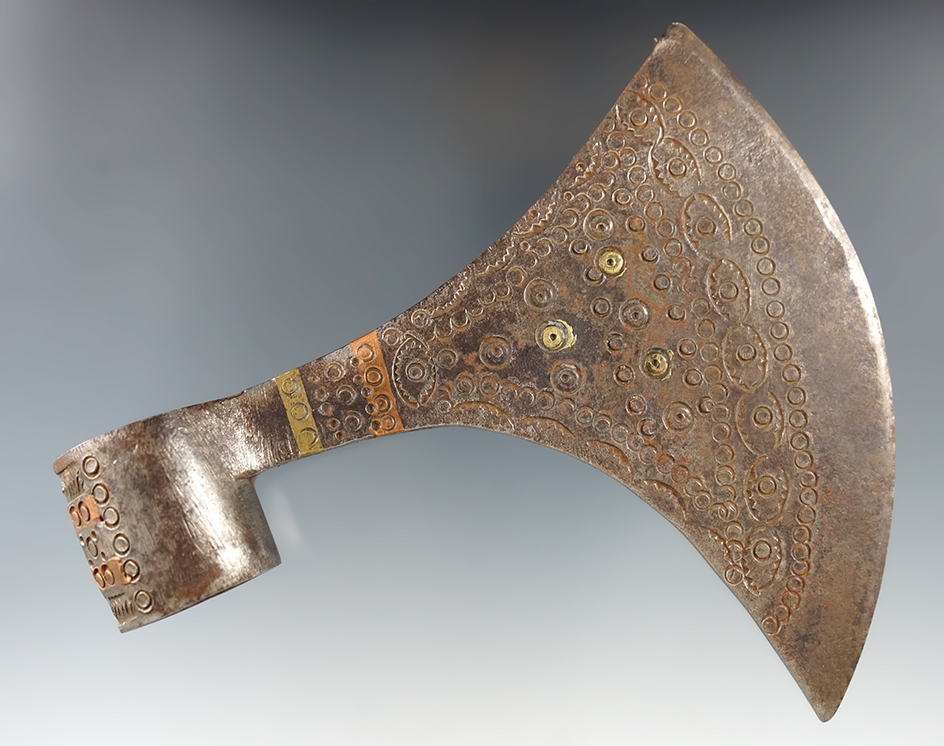 Very ornate 6 1/4" wide Danish Battleaxe made from bronze with brass and copper inlays.