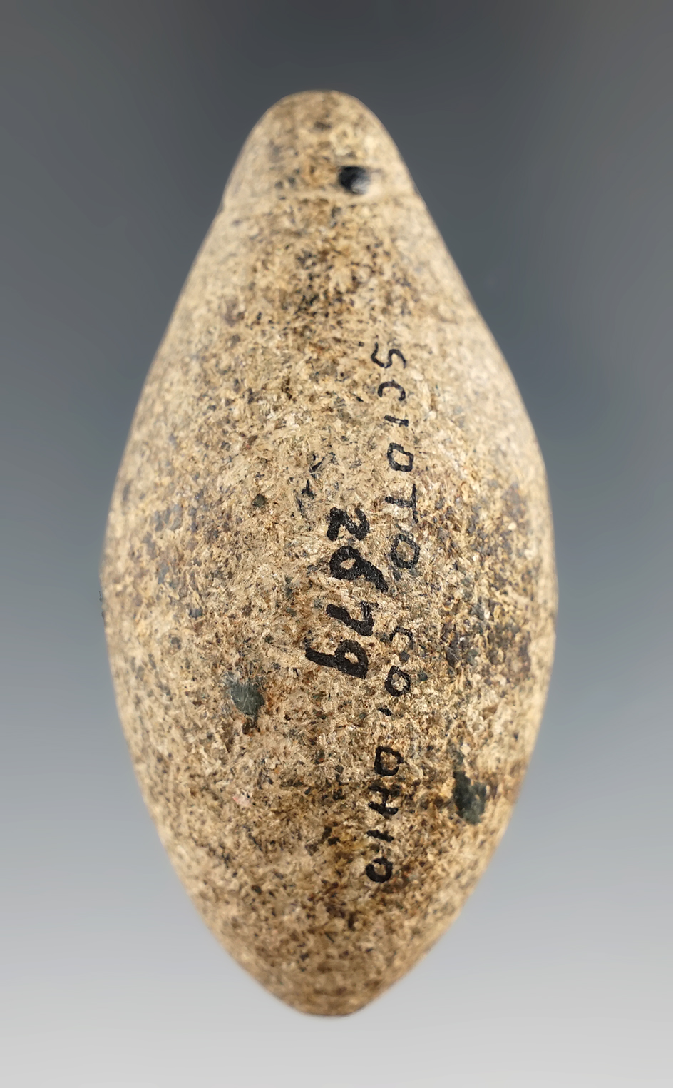 2 15/16" hardstone grooved plummet found in Scioto Co., Ohio. Ex. Hubert Wachtel, John May