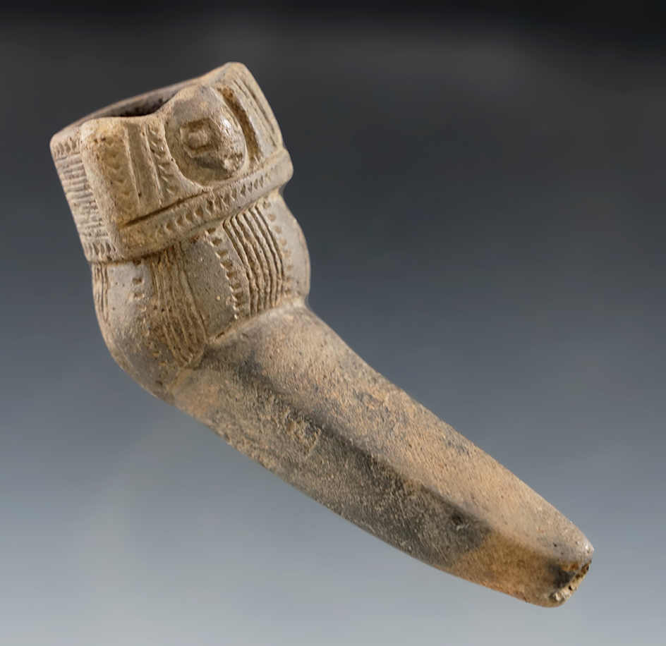 Exceptional! 3 7/8" long Owasco human effigy clay pipe that is highly engraved - Brown Co., NY.