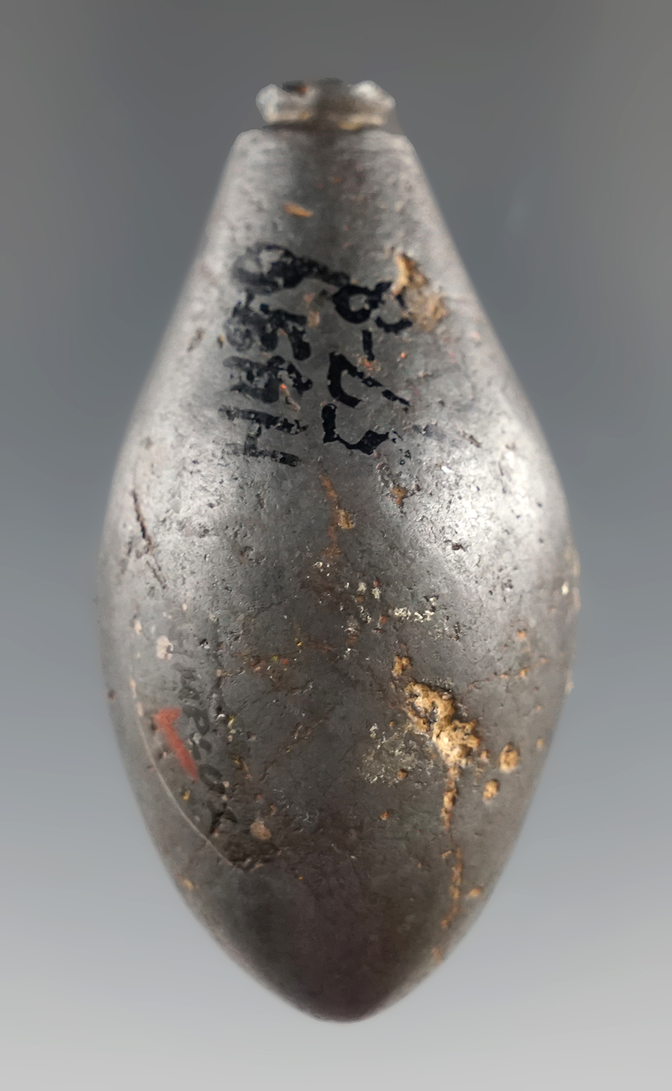 Excellent polish on this nicely grooved 2 1/16" Hematite Plummet found in Ohio. Ex. Wilkins