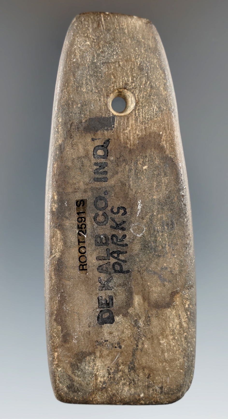 3 5/8" Middle Woodland Trapezoidal Pendant made from Slate, found in DeKalb Co., Indiana.