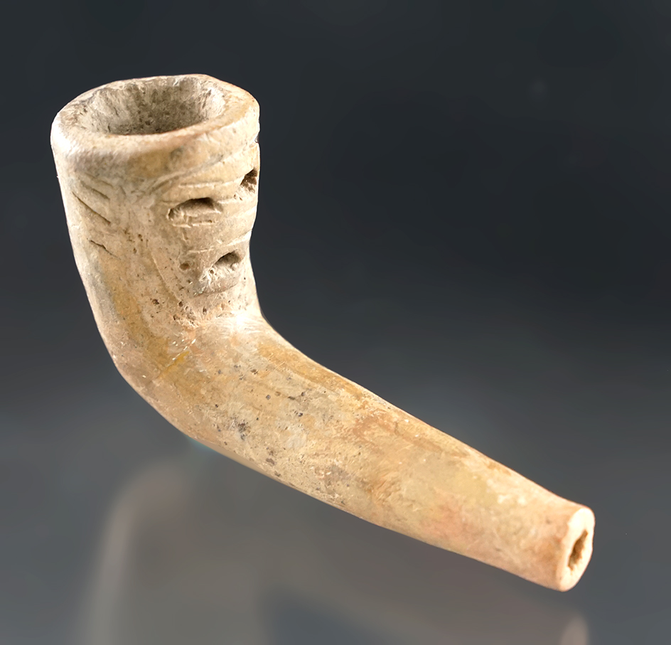 2 7/8" long Iroquois clay human maskette pipe found in New York in nice condition.