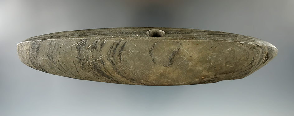 Very wide 6 13/16" banded slate Bannerstone with minor retouch/reshape to 1 end.  Michigan.