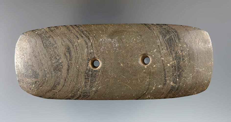 4 7/16" Hopewell Bar Gorget found in or near Entrican, Douglass Twp., Montcalm Co., Michigan.