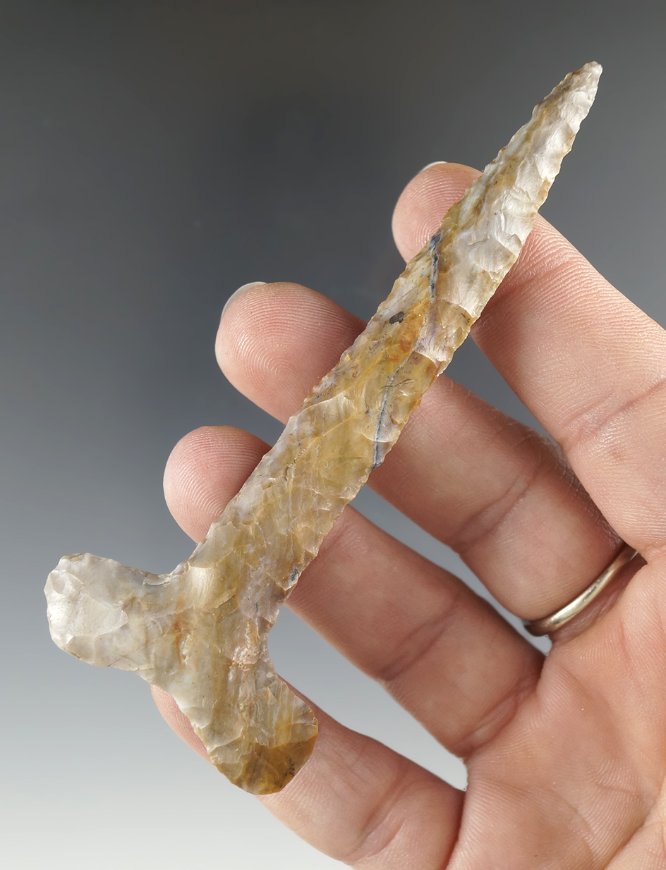 3 7/8" T-Drill made from Flint Ridge Flint, found in Tuscarawas Co., Ohio. Bennett COA.