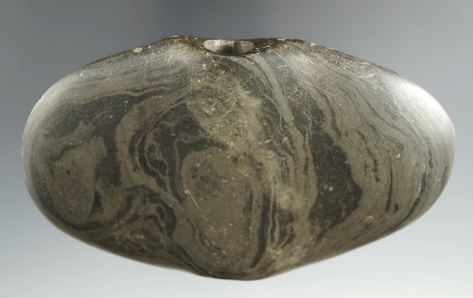 4 3/4" Banded Slate Wing Bannerstone with great patina. Richland Co., Ohio. Ex. Macy Hallock.