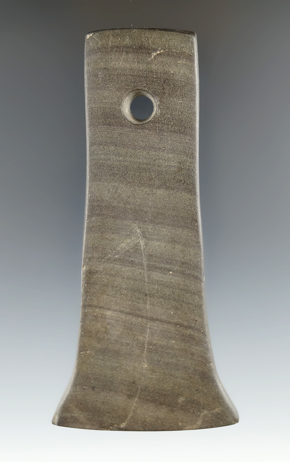 4 5/16" Adena Bell Pendant made from Banded Slate, found in St. Joseph Co., Indiana.