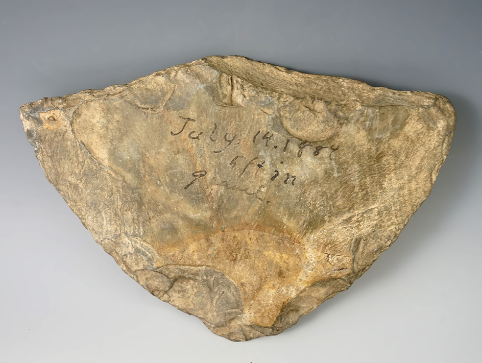 Huge! 7 5/8" by 5 1/4" slate butterfly Bannerstone preform - Ohio. Old writing  "July 14, 1884"