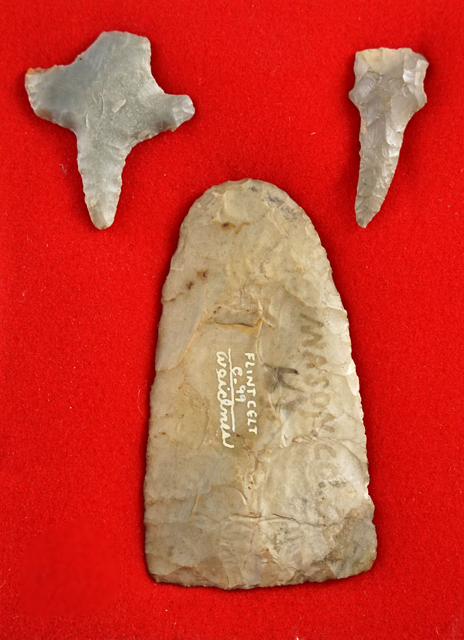 Set of three artifacts found together in Mason Co., Kentucky including a nicely styled Flint Celt.