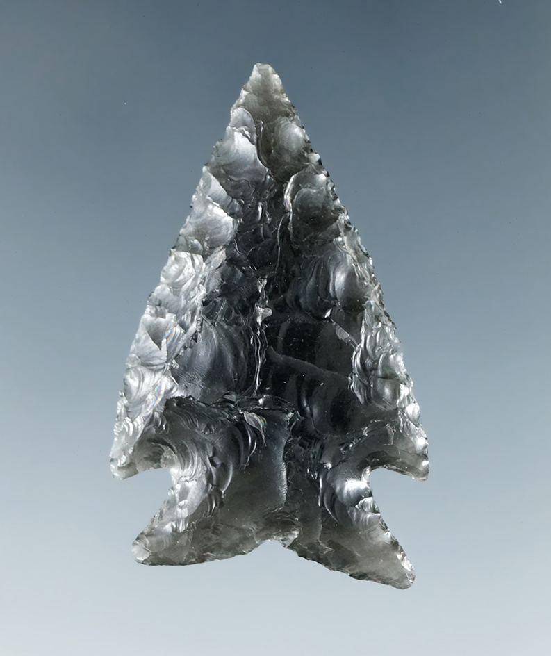 1 5/8" obsidian Elko found by Charles Mitchell in Humboldt County Nevada. Very nicely styled.