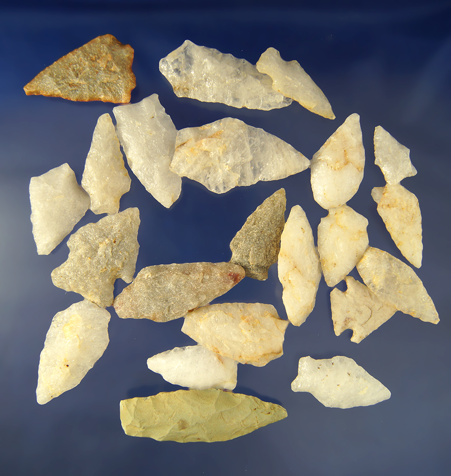 Group of 22 assorted   Arrowheads found in North Carolina and Virginia. Largest is 2 1/2".