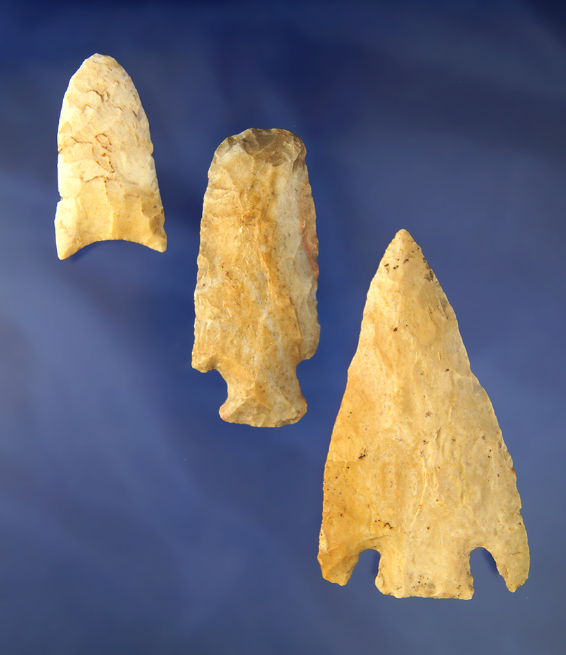 Set of 3 Missouri   Arrowheads and Knives with modern rechipping, largest is 3 3/8".